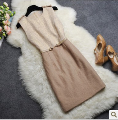 Hot sale newest  Brief ol formal gentlewomen slim leather belly chain woolen one-piece dress tank dress free shopping wholesale