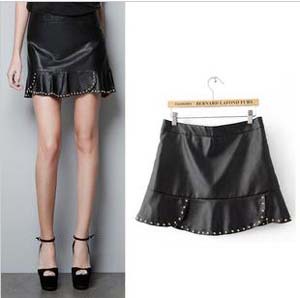 Hot Sale Novelty Rivet Ruffle Skirt With Zipper Fashion Vintage PU Leather Skirt Black Mini Sexy Skirts Women 2013