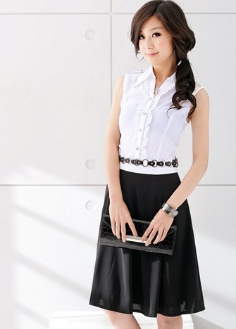 Hot Sale!! OL Style Graceful Turn-down Collar Color Block Sleeveless Dress Free Shipping