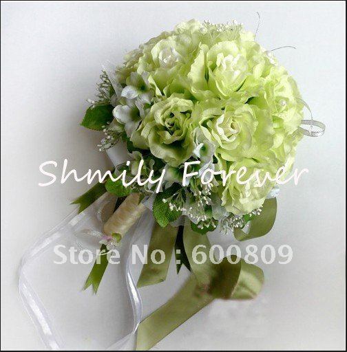 Hot sale!! Pretty Green Silk flower with pearls and sash Wedding Bouquets,bridal Bouquet