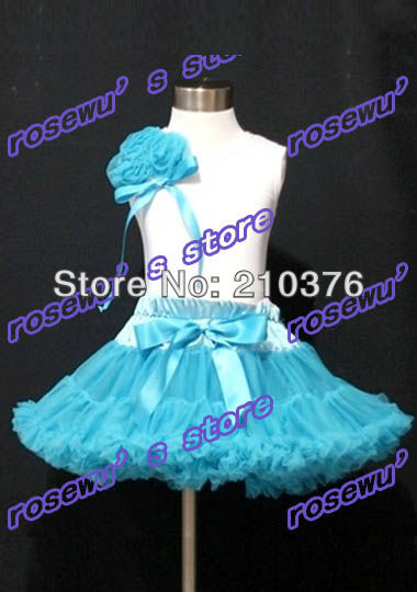 Hot sale pretty princess skirts  solid light blue short skirt  and cotton white tank top with rose 2pcs set