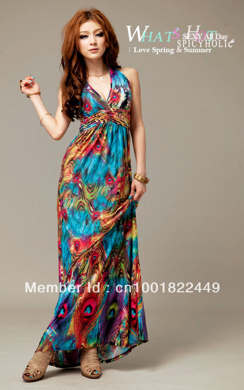 Hot Sale .Promotion. Fashion Bohemian Peacock Tail Pattern Blue Color Halter Summer Maxi Dress .Free shipping .Wholesale Retail