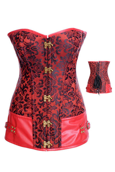 Hot Sale ! Red And Black Long Bodyshaper Vintage Corset With Buckles Skinny Overbusts LB4492