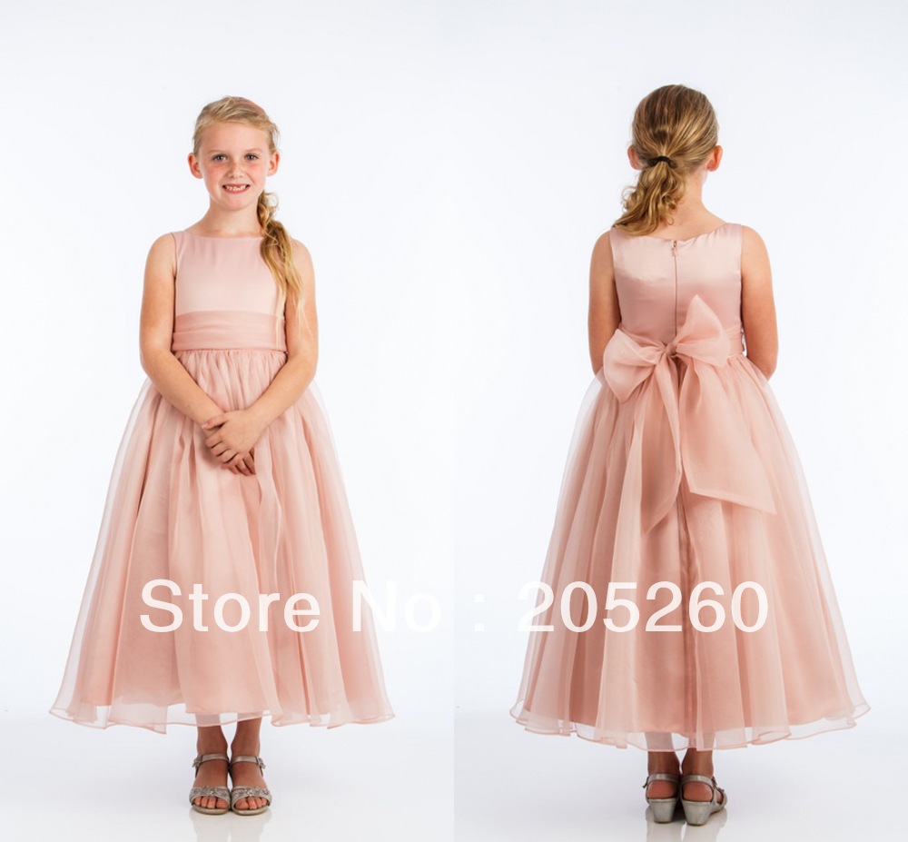 Hot Sale Scoop Neckline A-line Long Organza Bow Cheap Flower Girl Dresses AF15