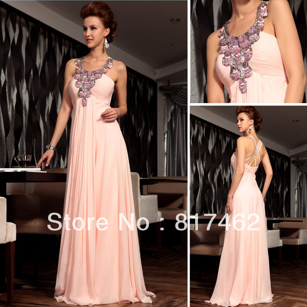 Hot Sale Sexy A-Line Halter Sleeveless Silk with Beaded Pink Long Celebrity Dresses 2013 Free Shipping