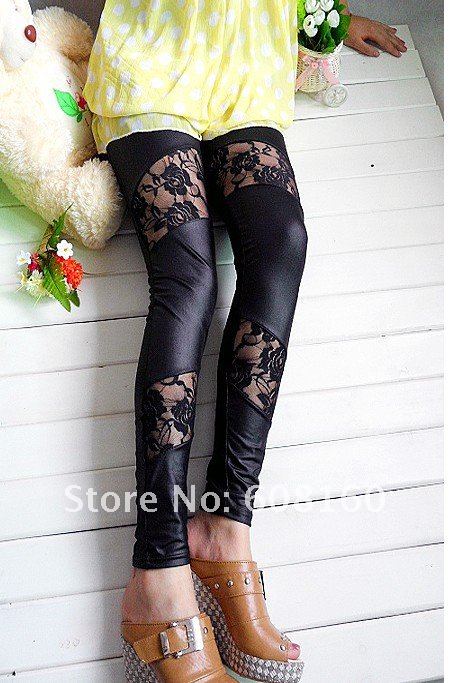 hot sale sexy black lace leather pants slim fit stylish leggings women's stretch tights pants charming women's underpants