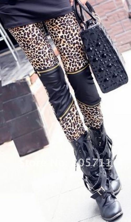 Hot Sale Sexy Fashion Imitation Leather  Patchwork Zipper Leopard  Leggings Thin and Warm Thicken Styles Women's Clothes