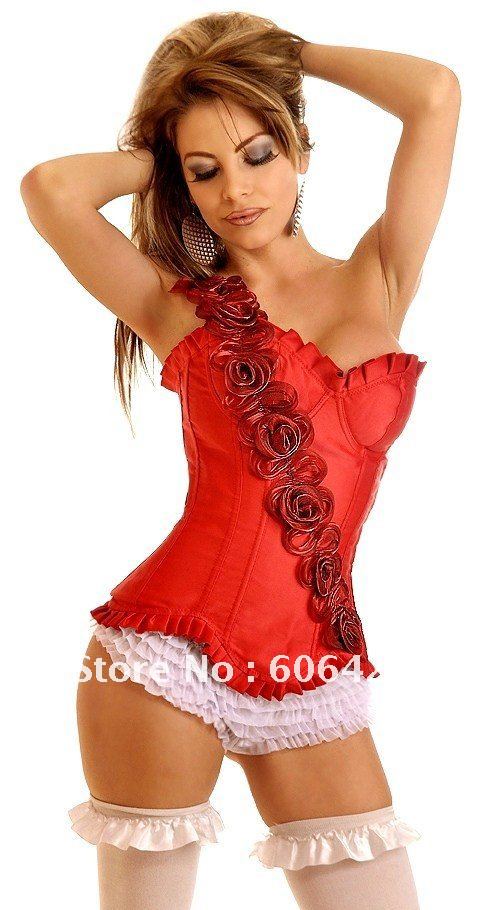 Hot Sale Sexy Red Corsets with One Shoulder Lace flowers front bustier Sexy Lingerie Shapwer wholesale retail Free shipping 5812
