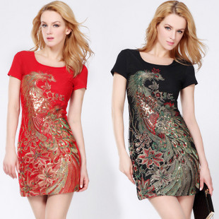 Hot sale short sleeve bohemian style dress patterns maxi women graceful printed Phoenix embroidery dresses new fashion redskirt