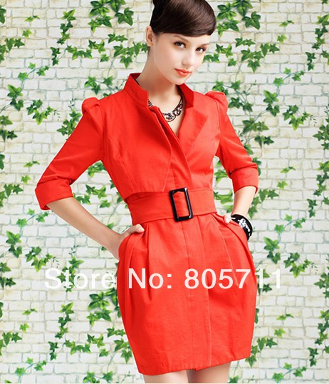 Hot Sale Solid Color Red Half Sleeve Lady Trench New Fashion With Sashes Long Coats For  Autumn and Winter