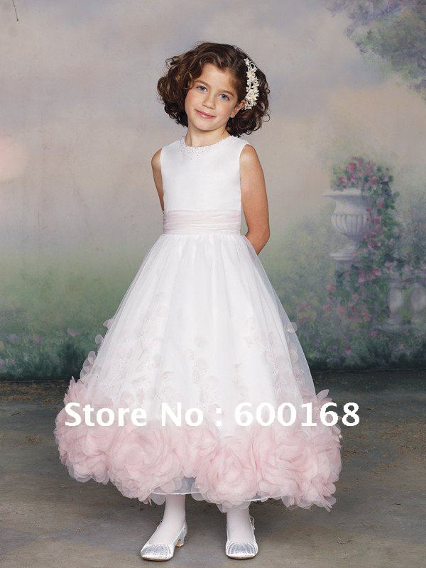 Hot sale white and pink flower girl dress FD001