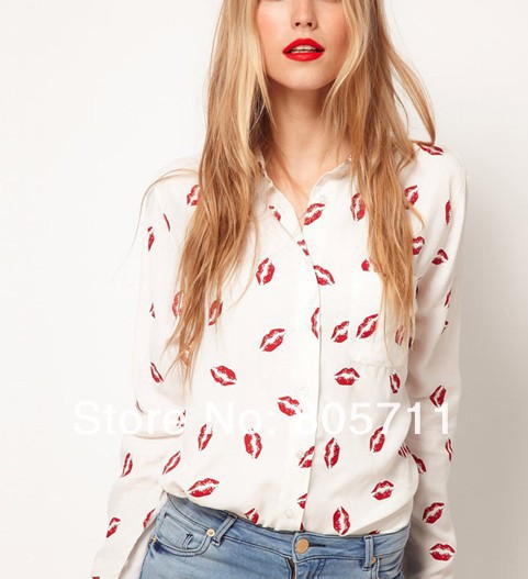 Hot Sale White Black  European and American style Red Lipstick Long Sleeve Shirt New Fashion Print Women's Casual Shirts