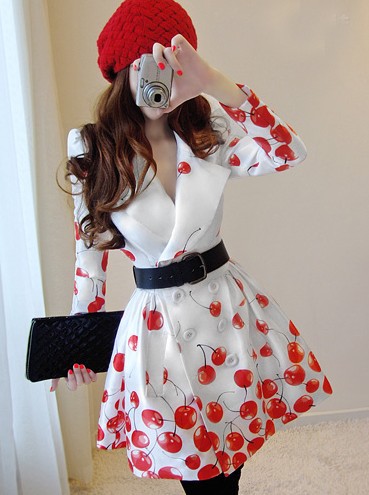 Hot Sale Woman Long Trench Coat Cherry Pattern Lady Country Style Clothes Tops 025 Free Shipping