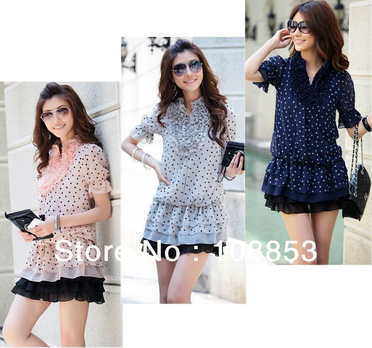 Hot Sale Women Fashion V Neck Short Sleeve Ruffle Dot Chiffon Dress Dresses Free Shipping CMC-0113