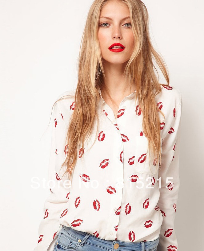 Hot sale Women's Fashion Hot Red Lips Casual long sleeves Shirts autumn tops