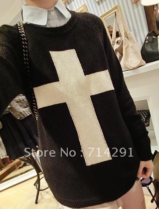 hot sale Women's fashion street style all-match large cross o-neck sweater black-and-white free shipping