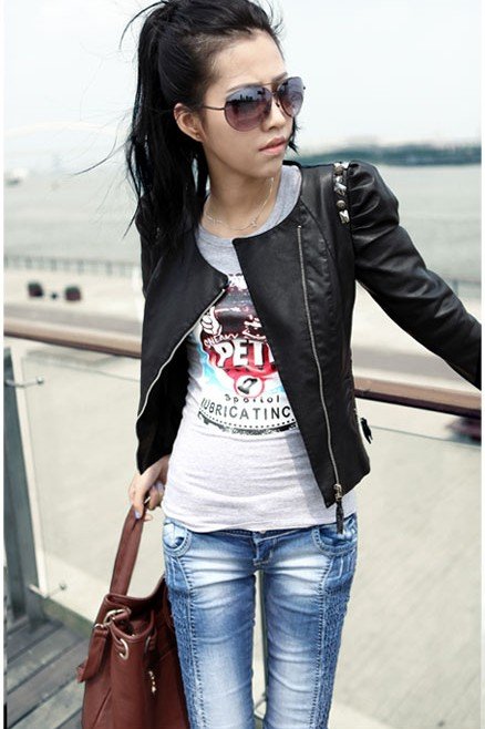 Hot sale Women's new brand fashion rivets High quality PU Show Thin short leather jacket coat .  Free shipping !!!