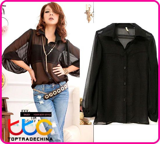 hot sale! women shirt chiffon blouse lady long sleeve transparent clothing Y2777-1 black (2 color)