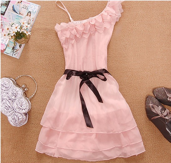 Hot Sale Women Sweet Pleated Pink White Party One Shoulder Off Chiffon Dress Hot Sale free shipping