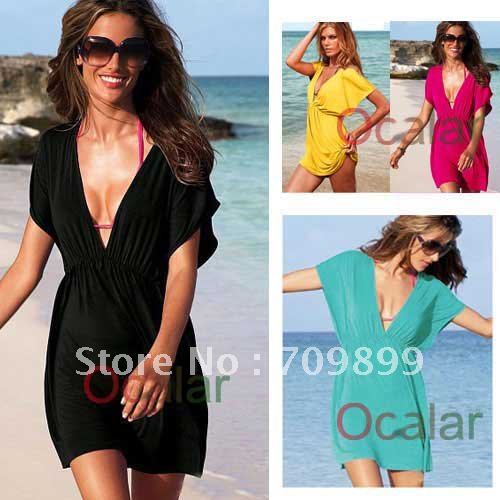 Hot Sale Womens Deep V Neck Beachwear Stretchy Cover Up Overall Skirt Mini Dresses E0460