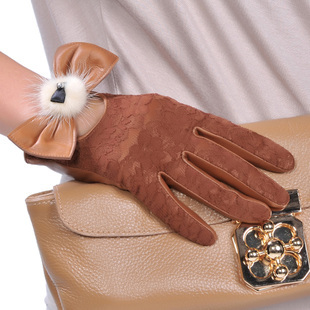 Hot sales!autumn and winter new arrival sexy lace mink hair ball fashion personality women's sheepskin genuine leather gloves