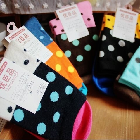 Hot Sales! Free Shipping  Candy  Color  100%  Cotton  Women Socks With Patchwork/ Polka/ Dot  HZX0083