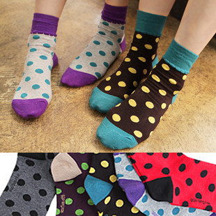 Hot Sales!Free Shipping Candy Color Block Decoration Cartoon Cotton Socks With Dot /Polka Women's sock HZX0081