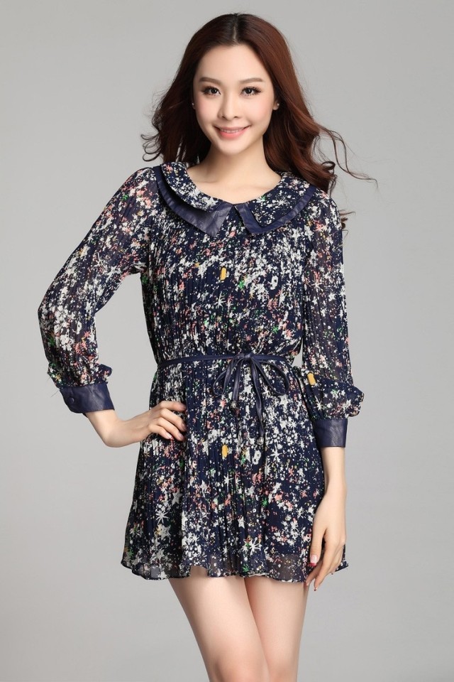 Hot sell 2013 new  Nine point sleeves PU leather Lapel peter pan collar floral pearl Chiffon slim dress,free shipping
