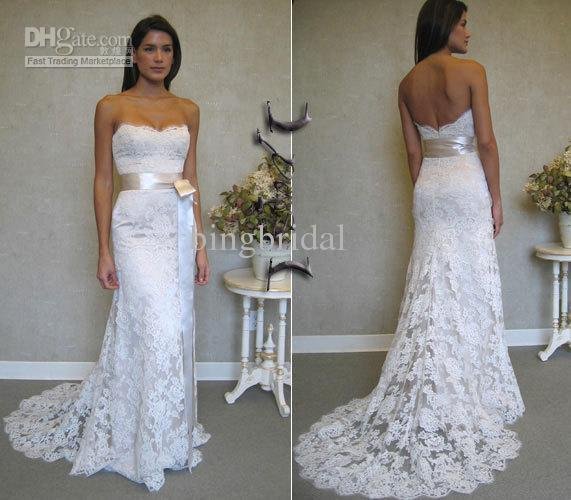 Hot Sell A-Line/Princess Strapless Chapel Train Sash Lace wedding dress for brides BB98