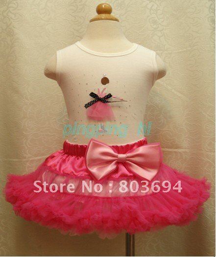 hot sell baby set,girls outfits petti skirt suit tutu top+bowknot hot pink skirt  hl-_-