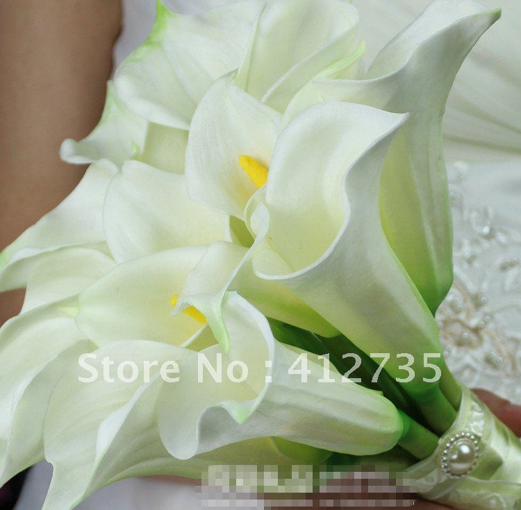 Hot sell bride flowers bouquet,15 Calla High simulation PU flower(10pcs big+5pcs small),decorative flowers with ribbons