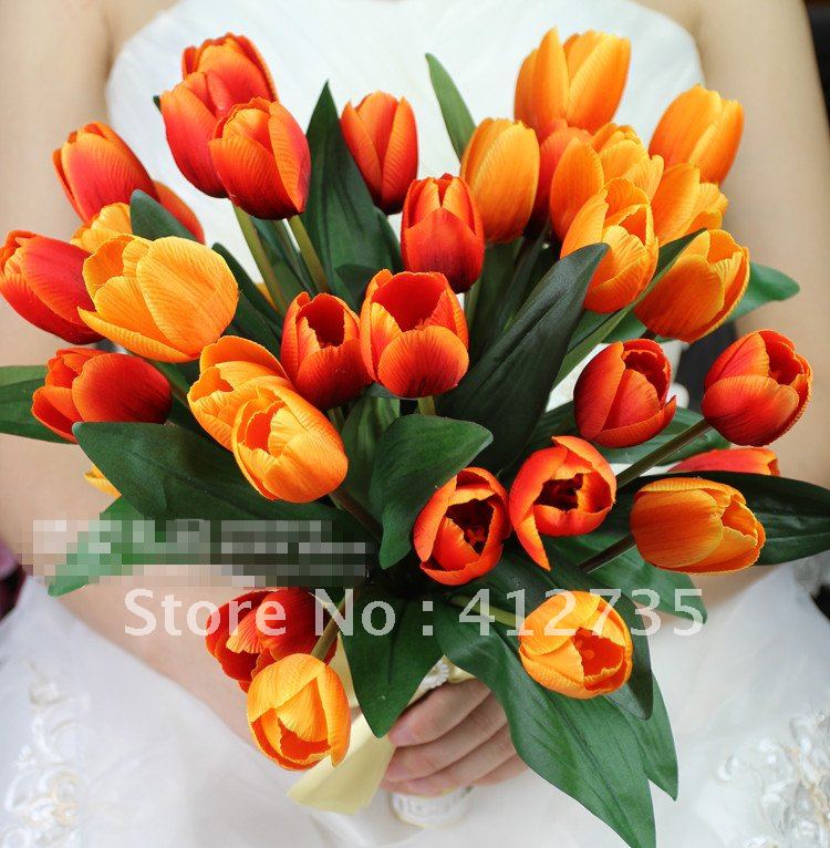 Hot sell bride flowers bouquet,30 Tulip High simulation silk flower,decorative flowers with ribbons