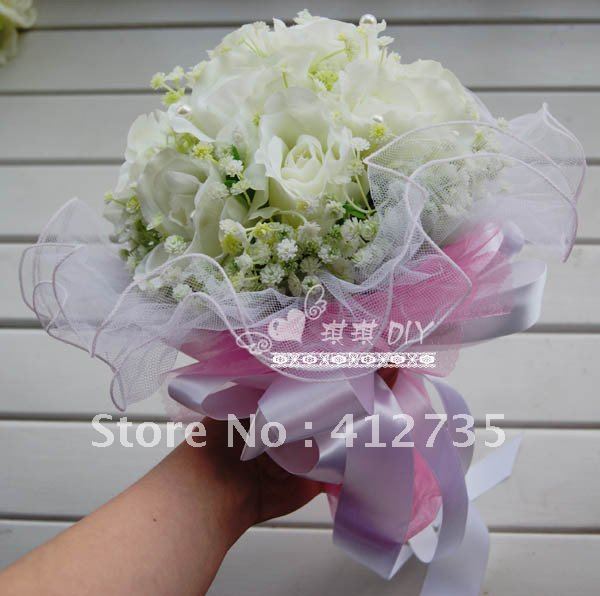 Hot sell bride flowers bouquet, High simulation silk flower hydrangea,decorative flowers with white ribbons
