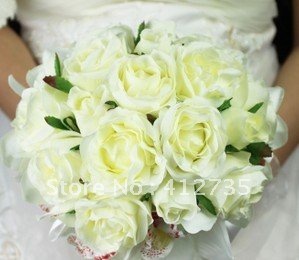 Hot sell bride flowers bouquet,High simulation silk flower Rose and Lilies,decorative flowers with pearl handle