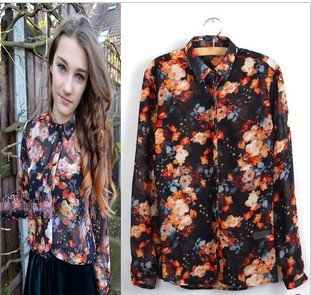 hot sell Clothing wholesale 2013 early spring new European retro collar long-sleeved ink flowers chiffon blouse shirt