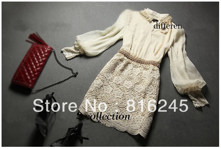 hot sell Elegant Princess dress Autumn women's silk dresses water soluble lace puff sleeves beading v-neck embroidery dress