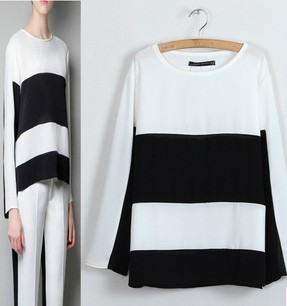 hot sell free shipping woman shirts In the spring of 2013 European style black and white stripe mosaic crude hit color shirt