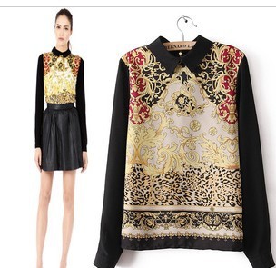 hot sell free shipping woman shirts In the spring of 2013 new European and American antique folk style shirt totem zipper shirt