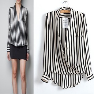 hot sell free shipping woman shirts Spring dress and style 2013 cross deep V sexy vertical stripes shirt with long sleeves shirt