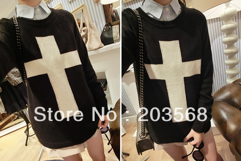 Hot Sell New Fashion Womens Pullover The Cross Pattern Knit Sweater Outwear Crew Tops Black/Apricot