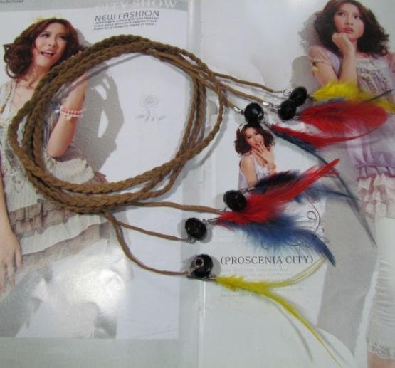 Hot sell!Nubuck leather braided crystal pendant multicolor feather tassel rope thin belt A14884827609