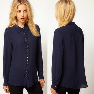 Hot sell Women's Long Sleeve Lapel Collar Rivet Blouse Lady Silk Chiffon Shirts Tops