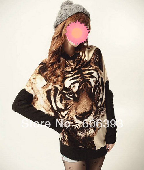 Hot Sell Women Tiger Printed Batwing Knitted Tops Ladies Long Sleeve Pullover 3 Colors Sweater Jumper