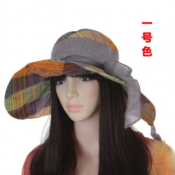 Hot-selling 100% cotton stripe  folding large-brimmed hat&Simple style gentlewomen bandeaus bowknot sunbonnet