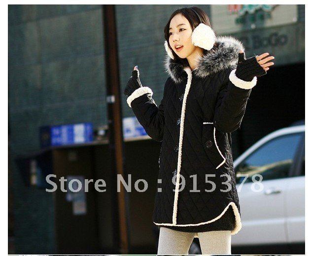 HOT SELLING 2011 NEW FASHIONABLE TEMPERAMENT LONG- SLEEVED FUR COLLAR WARM WINTER COAT + FREE SHIPPING (1PC) 1207