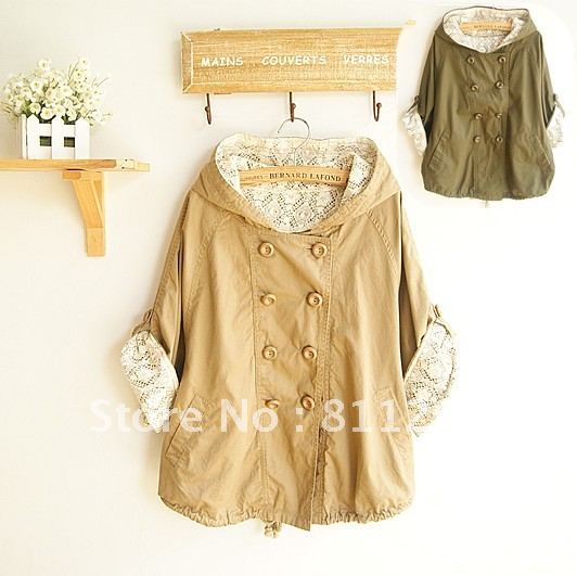 HOT Selling 2012 autumn casual double breasted lace plus size loose batwing sleeve cloak trench outerwear free shipping