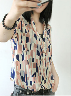 Hot-selling 2012 graphic geometric patterns V-neck chiffon shirt short-sleeve shirt