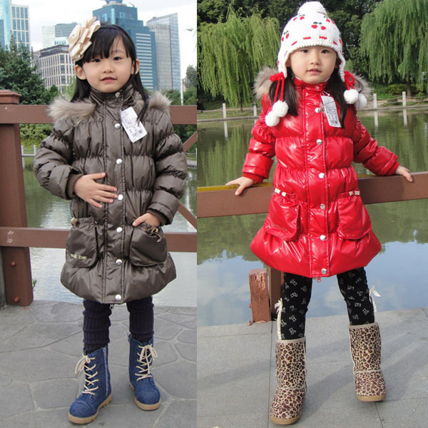 Hot-selling 2012 red coffee children's girl clothing long design down coat