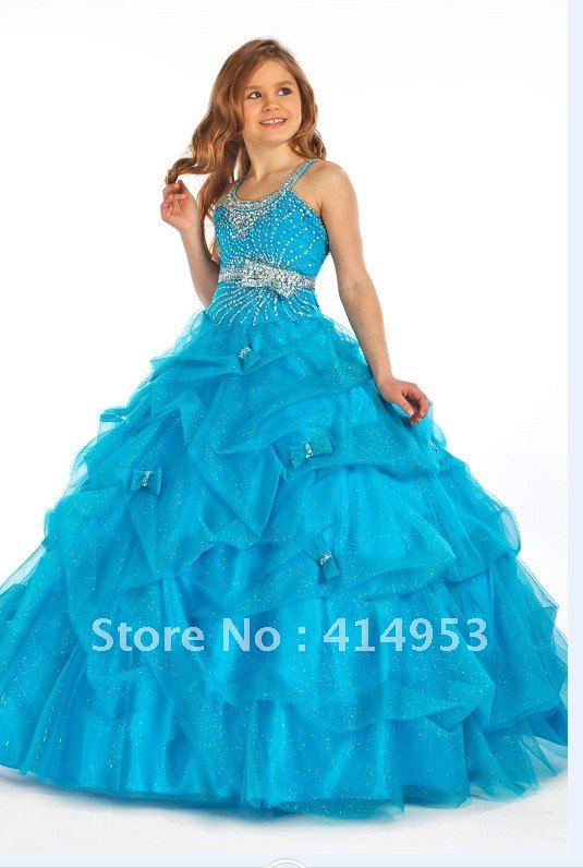 Hot Selling 2012 Sexy Halter Beaded Blue Sequins Tulle Ruffles Ball Gown Princess Flower Girl's Party Dress