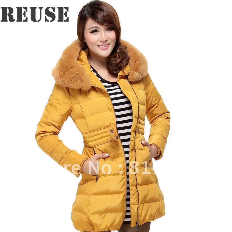 Hot selling 2012 women's rex rabbit hairdwown Jacket/ slim medium-long down coat women with free shipping Yellow,black,apricot